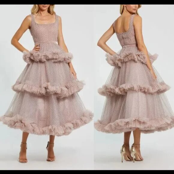 Mac Duggal 20776 Size 4 6 Pink Black Polka Dot Tulle Tiered Ruffle Midi Dress - Picture 4 of 5